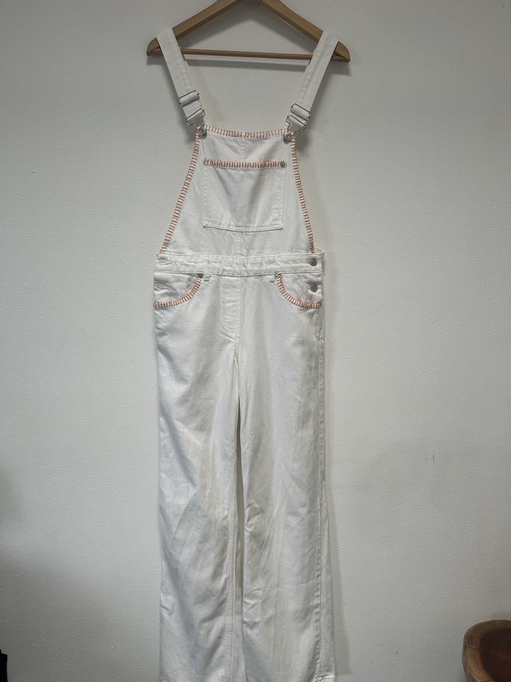 Zara White Women’s Denim Overalls with Orange Stitching